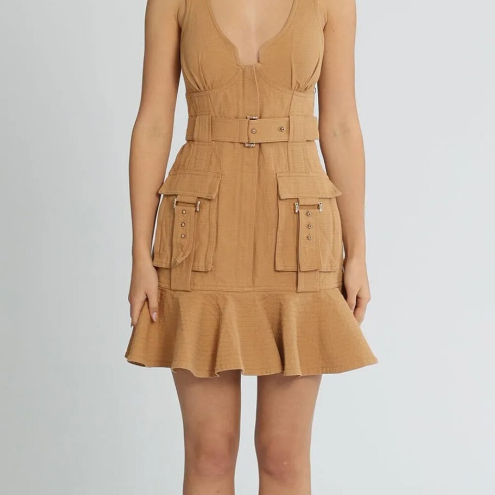 ACLER Vermont Flounce Hemdress Tan Bodycon with Gold Hardware, only worn 1 x